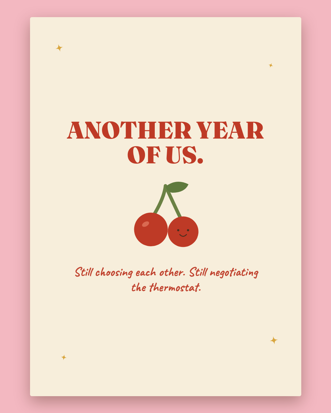 Another Year Of Us anniversary card — cream card with cherry red lettering and smiling cherries