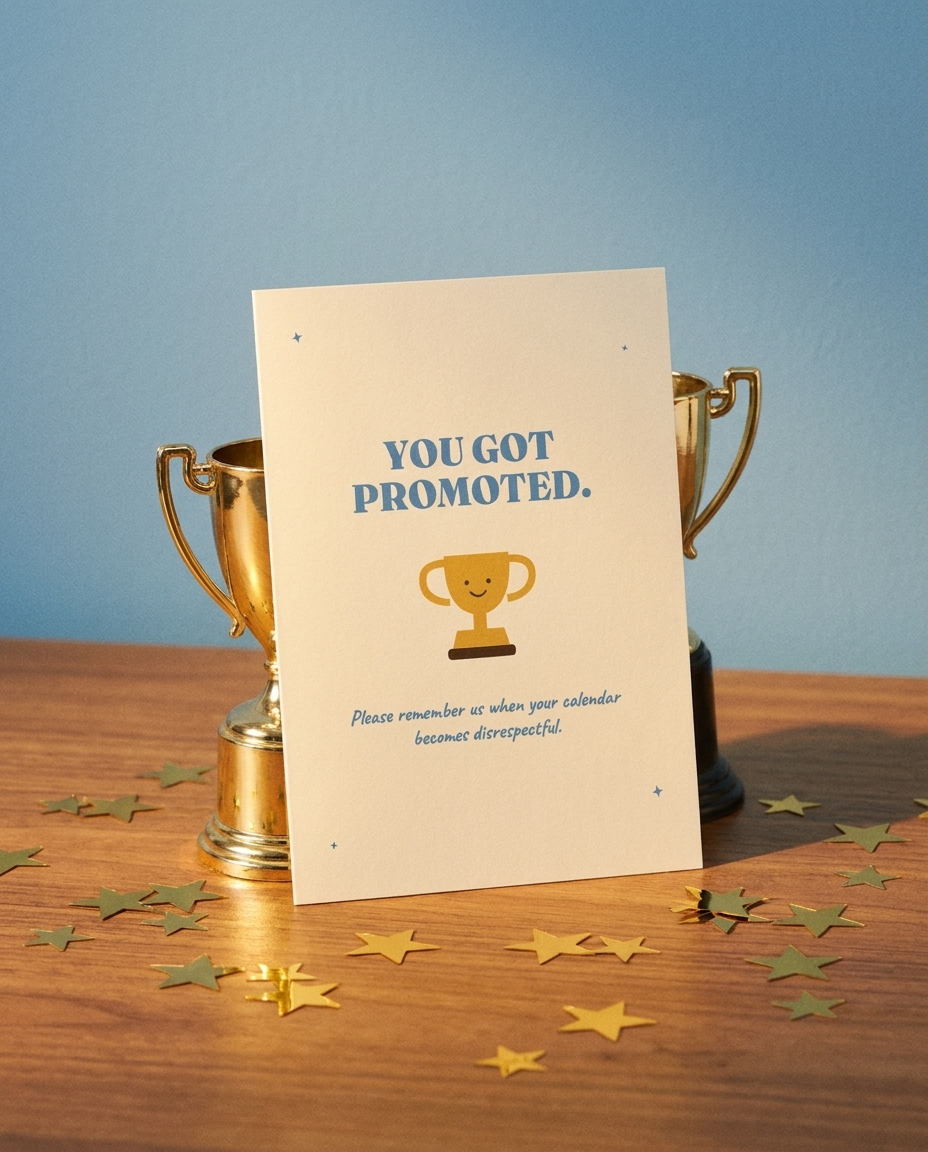 You Got Promoted card on a desk with a gold trophy and confetti