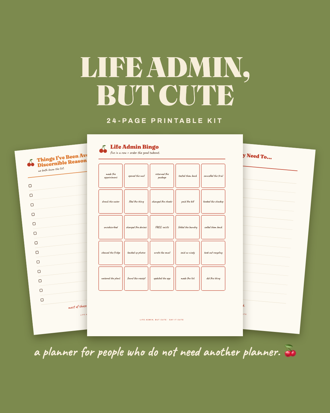 Life Admin But Cute — 24-page printable kit pages fanned on sage green