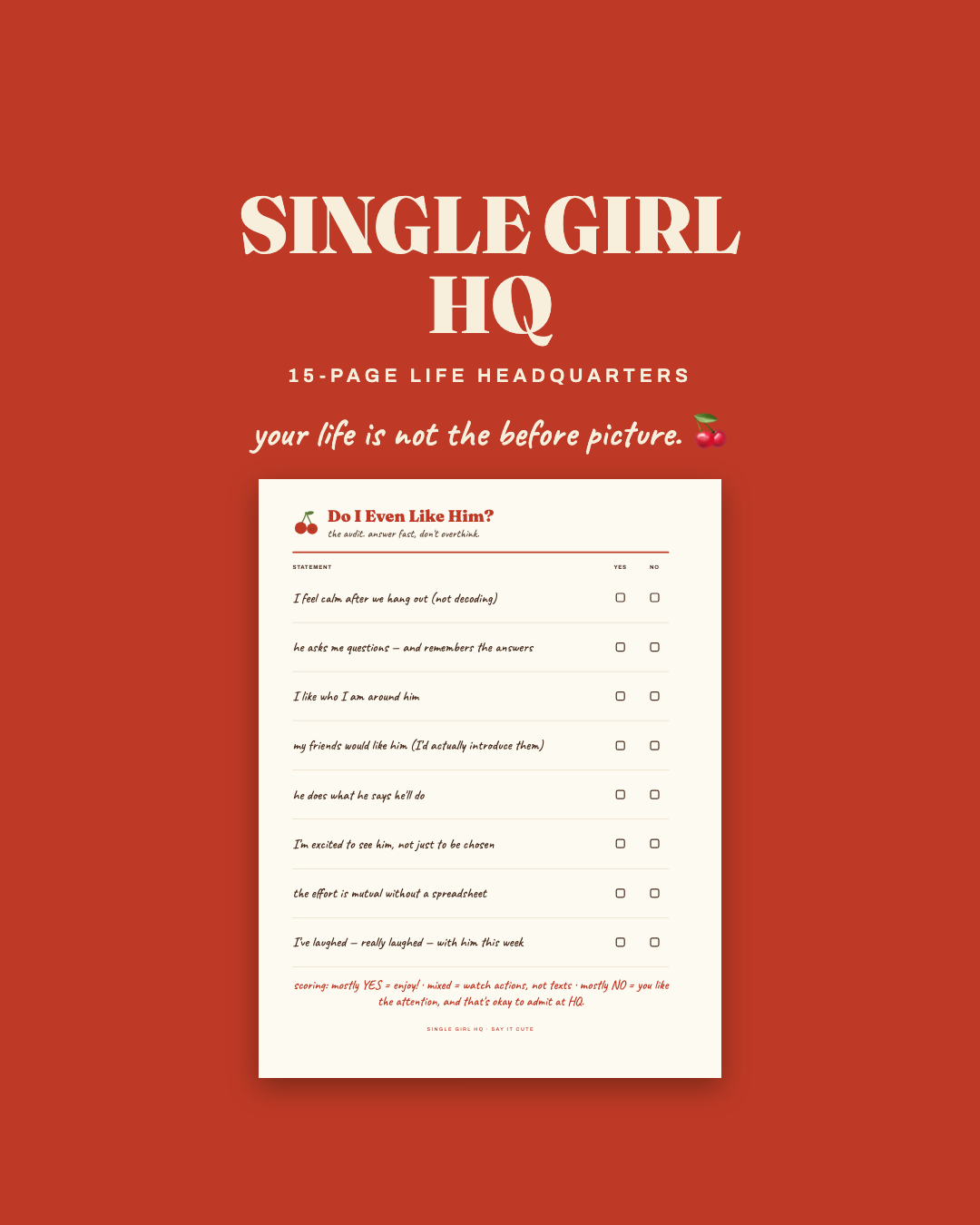 Single Girl HQ — 15-page life headquarters with the Do I Even Like Him audit, on cherry red