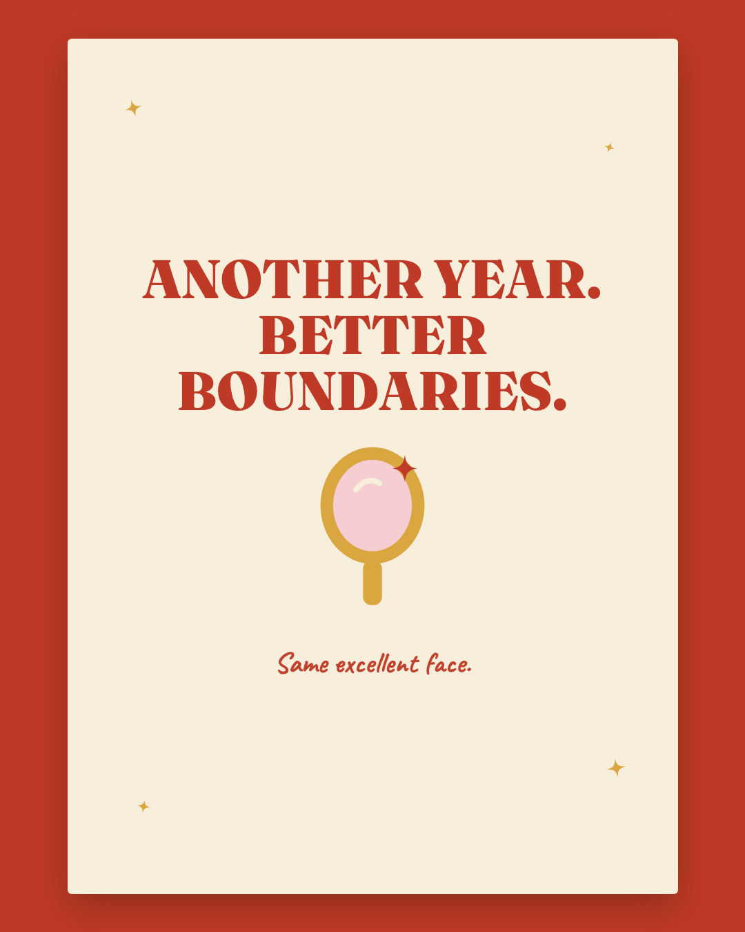 Another Year Better Boundaries birthday card — cream card with cherry red lettering and a gold hand mirror