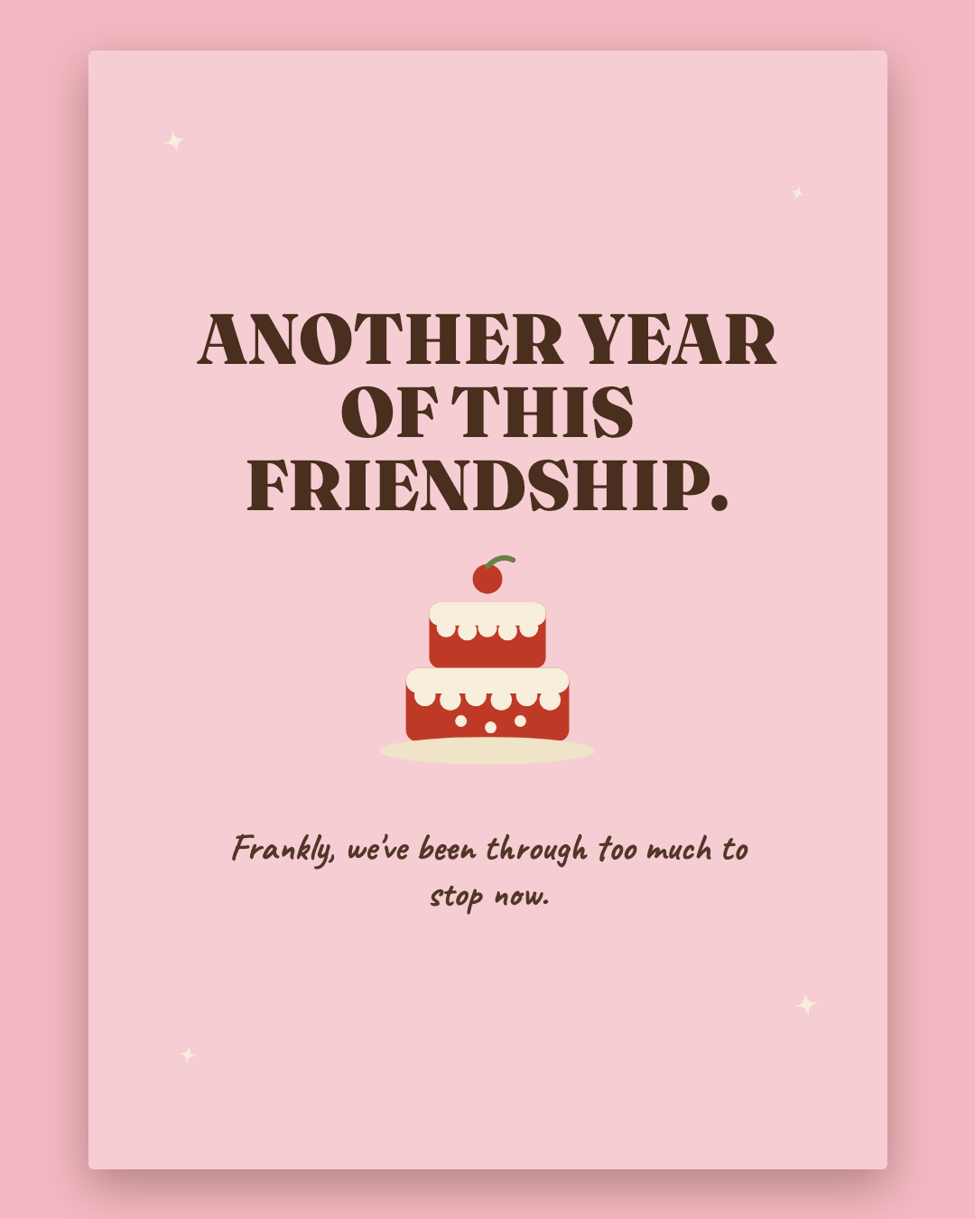 Another Year Of This Friendship greeting card — blush pink card with a cherry-topped cake