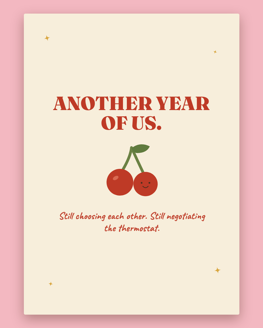 Another Year Of Us anniversary card — cream card with cherry red lettering and smiling cherries