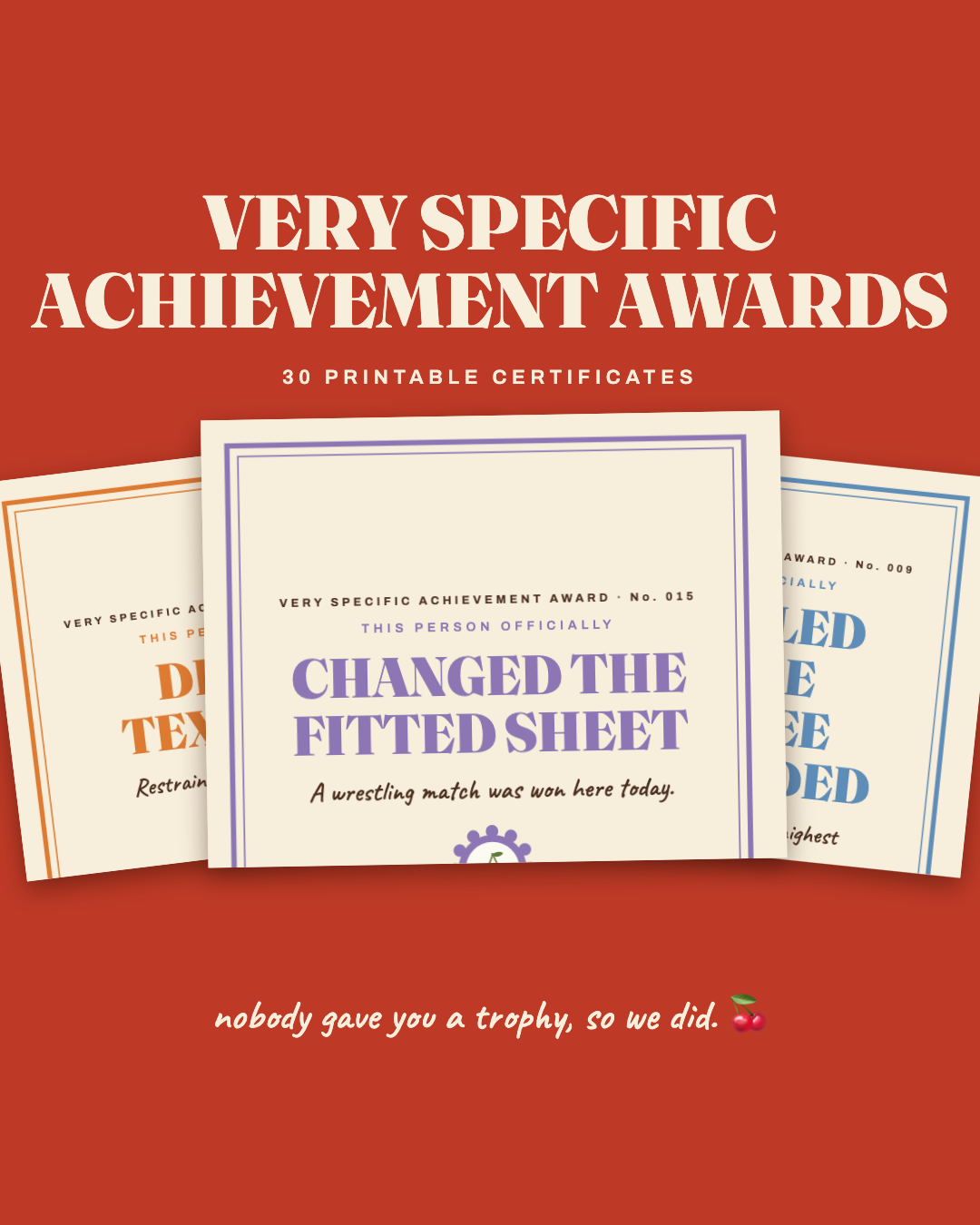 Very Specific Achievement Awards — 30 printable certificates fanned on cherry red