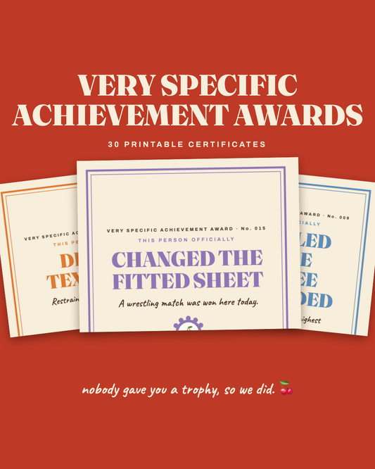 Very Specific Achievement Awards — 30 printable certificates fanned on cherry red