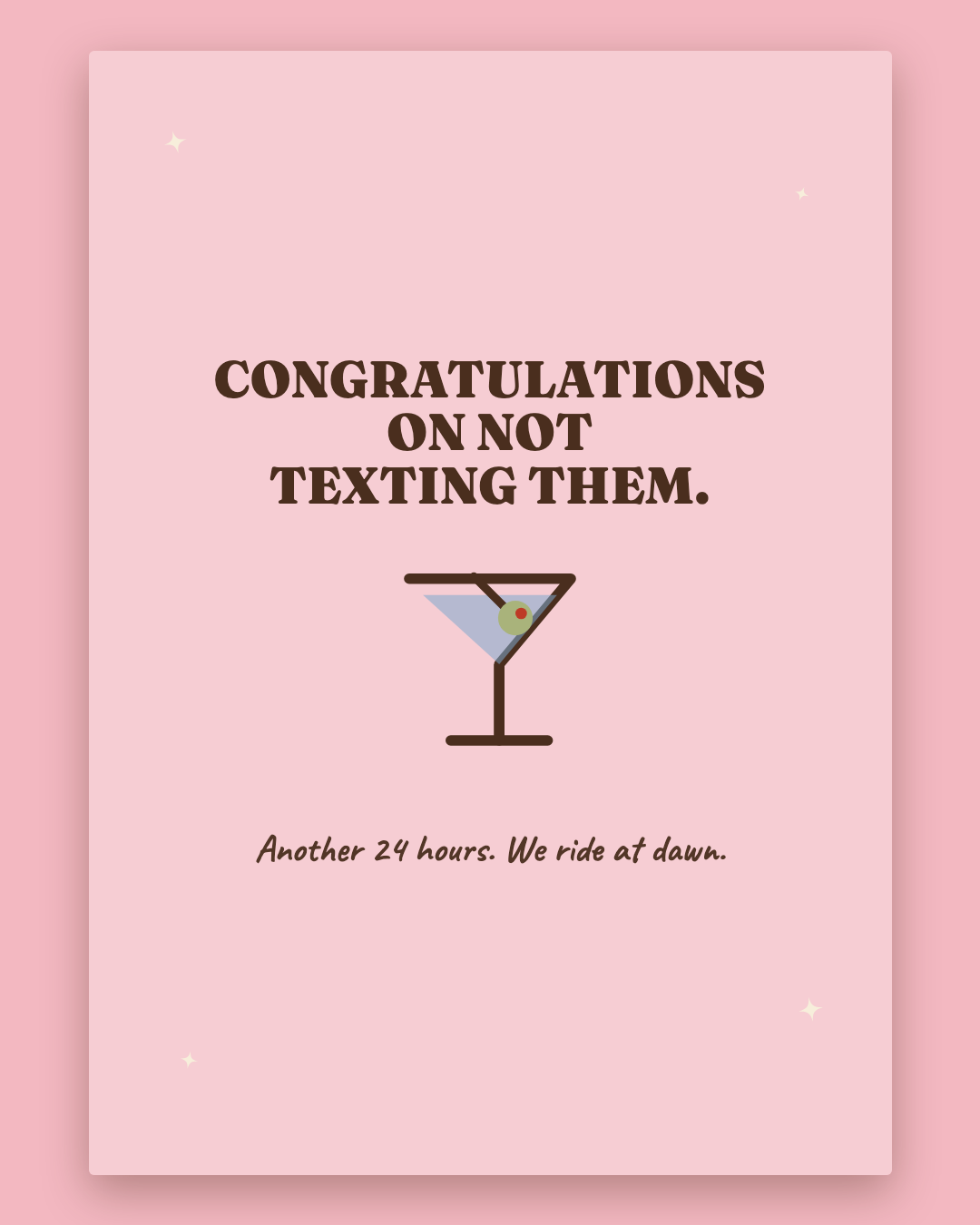 Congratulations On Not Texting Them greeting card — blush pink card with espresso lettering and a martini glass