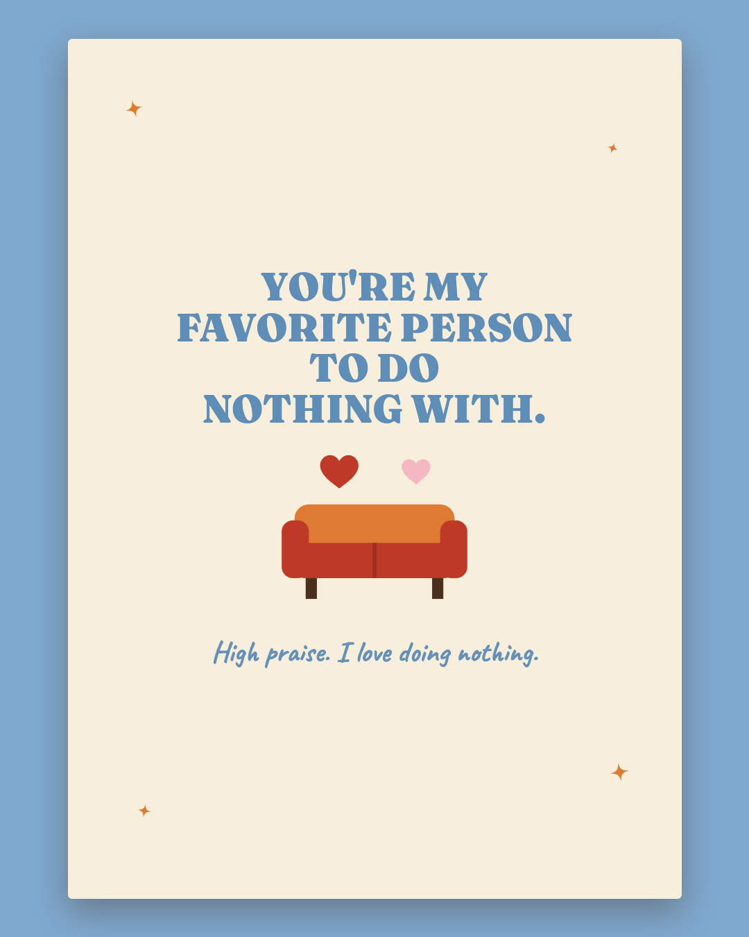 You're My Favorite Person To Do Nothing With greeting card — cream card with a retro sofa and hearts