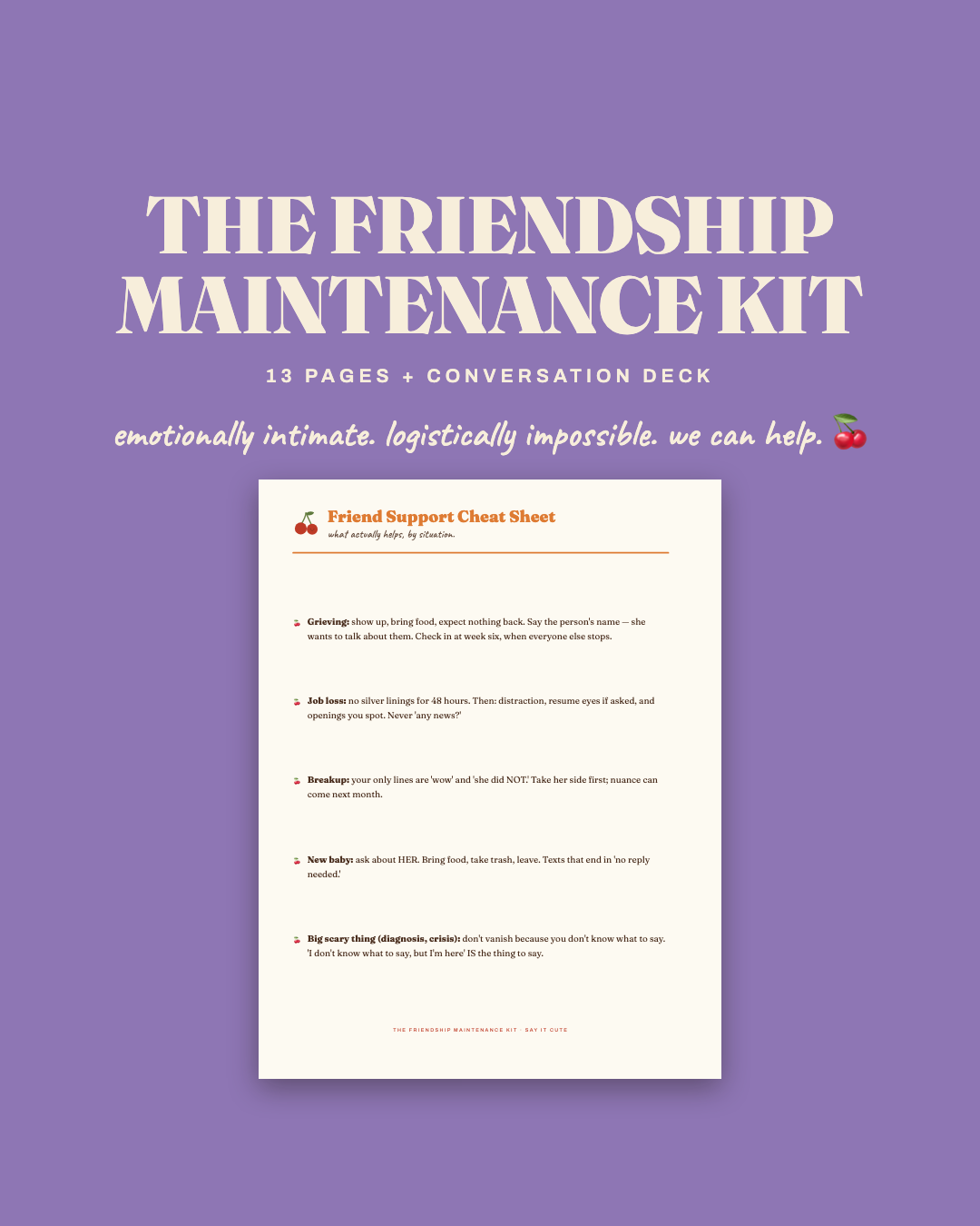 The Friendship Maintenance Kit — 13 pages plus conversation deck, on lilac