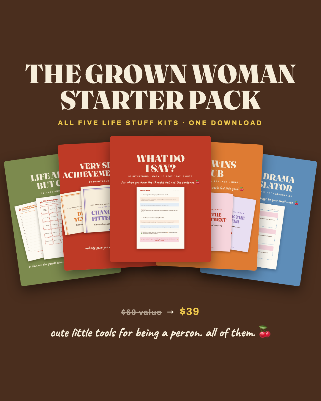 The Grown Woman Starter Pack — all five Say It Cute Life Stuff kits fanned, $60 value for $39