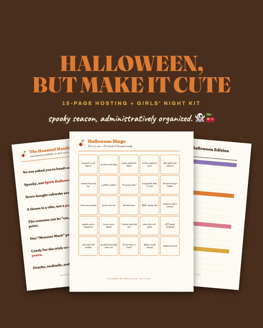 Halloween But Make It Cute — 15-page hosting and girls night kit, retro pages fanned on espresso brown