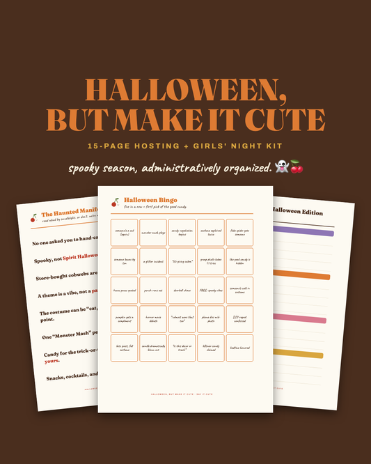 Halloween But Make It Cute — 15-page hosting and girls night kit, retro pages fanned on espresso brown