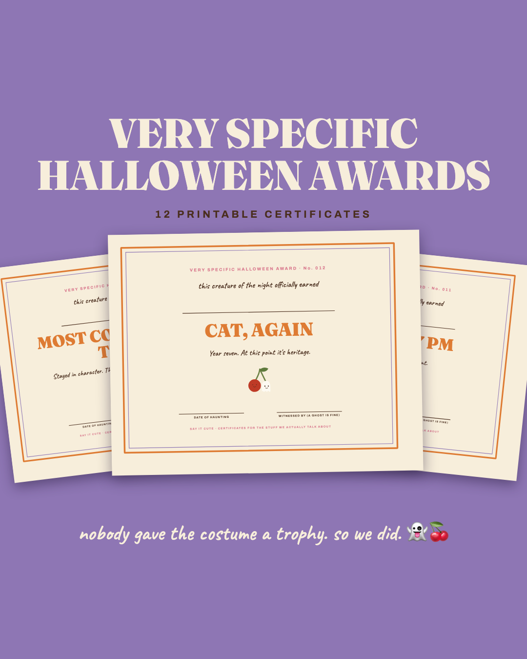 Very Specific Halloween Awards — 12 printable costume certificates fanned on lilac