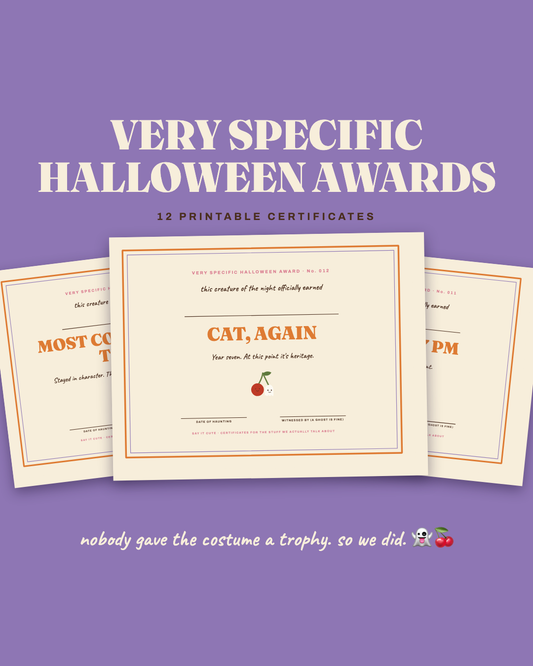 Very Specific Halloween Awards — 12 printable costume certificates fanned on lilac