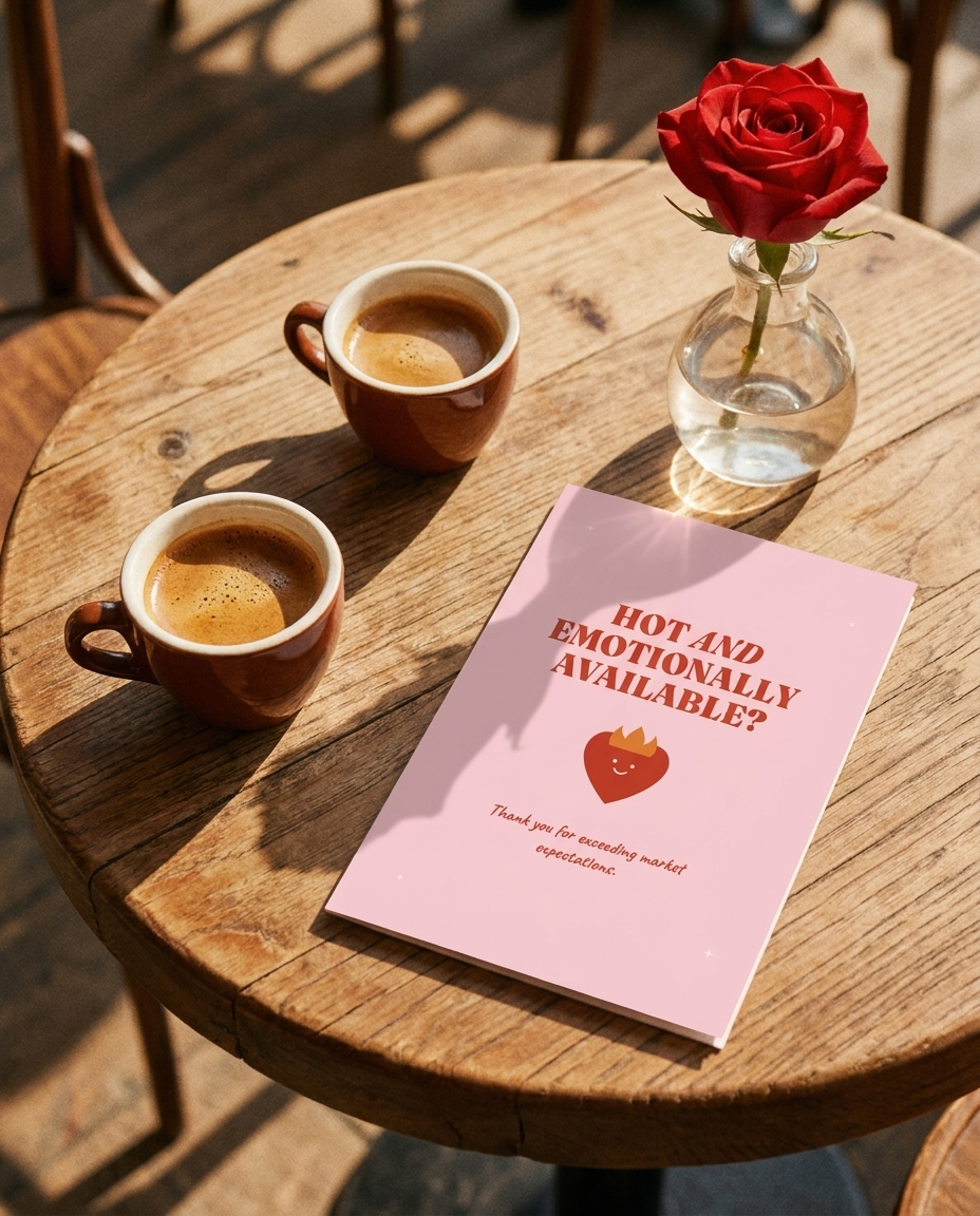 Hot And Emotionally Available card on a cafe table with espresso cups