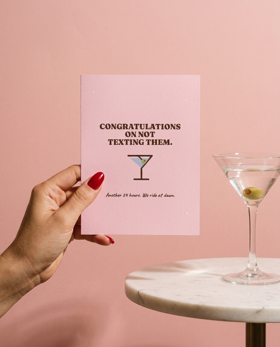 Congratulations On Not Texting Them card held in hand beside a martini