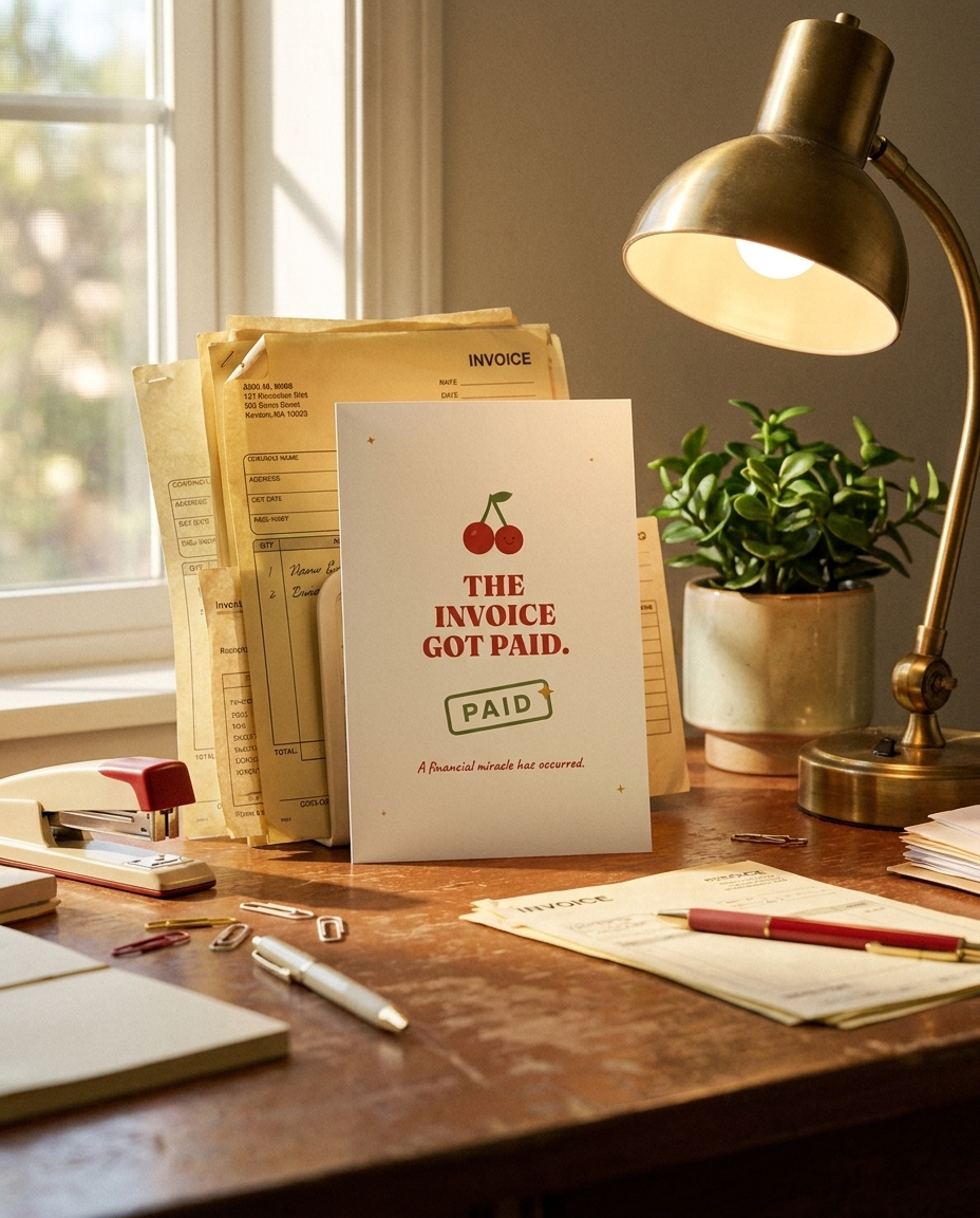 The Invoice Got Paid card styled on a retro desk with invoices and a brass lamp