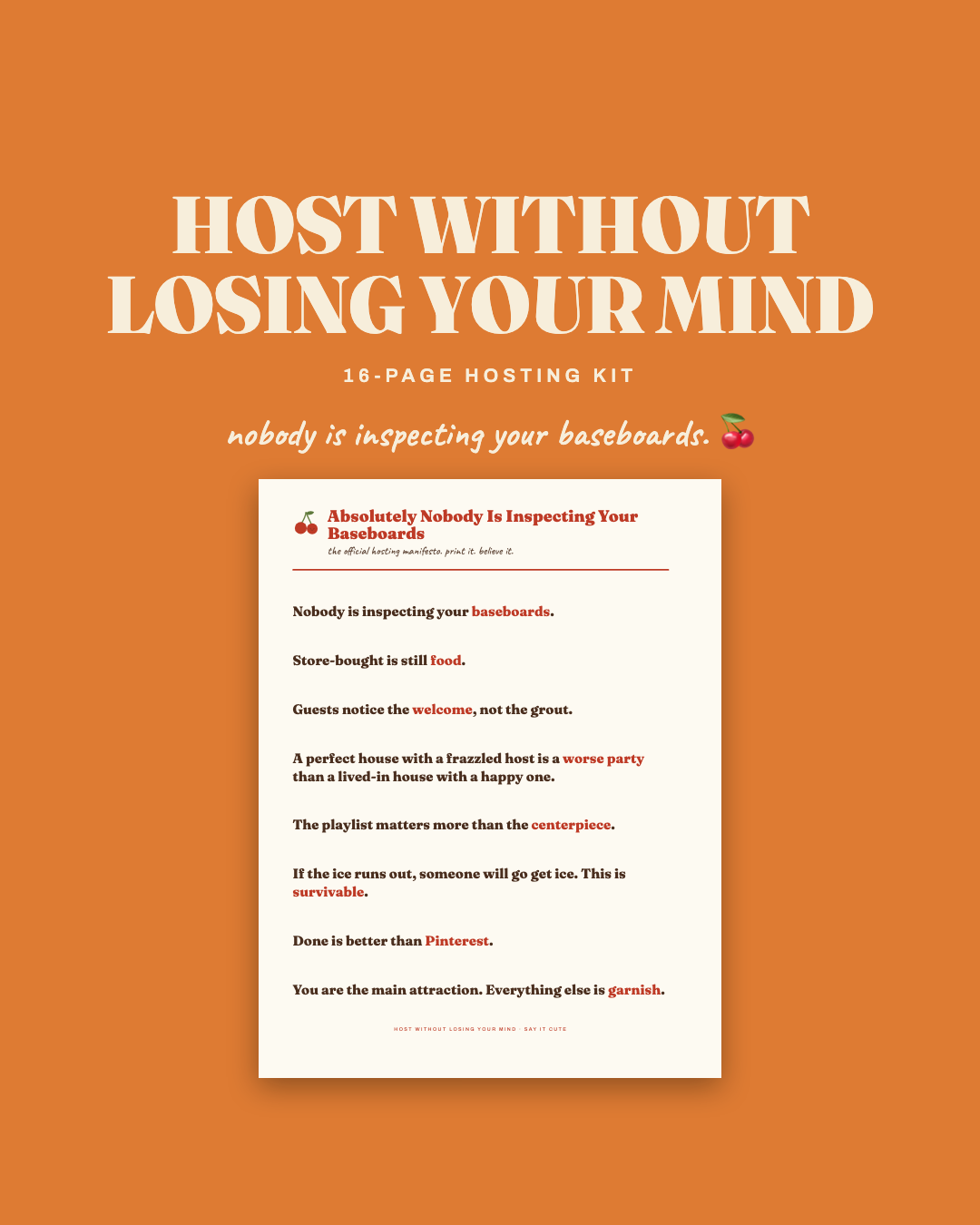 Host Without Losing Your Mind — 16-page hosting kit with the baseboards manifesto, on apricot