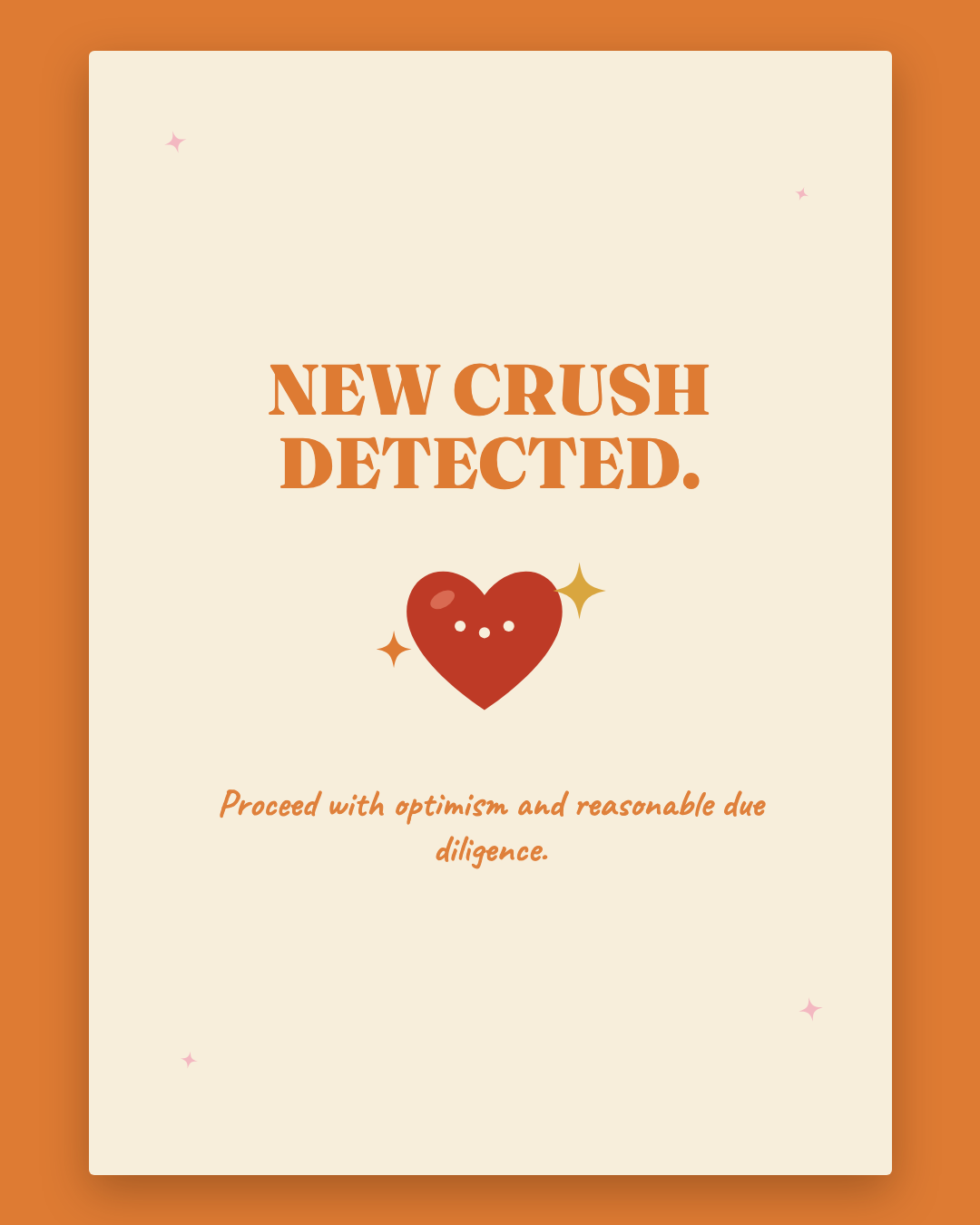 New Crush Detected greeting card — cream card with apricot lettering and a sparkling heart