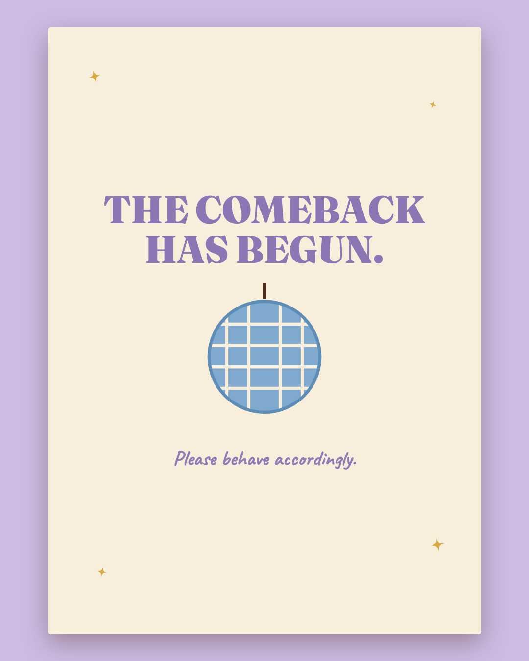 The Comeback Has Begun greeting card — cream card with lilac lettering and a disco ball