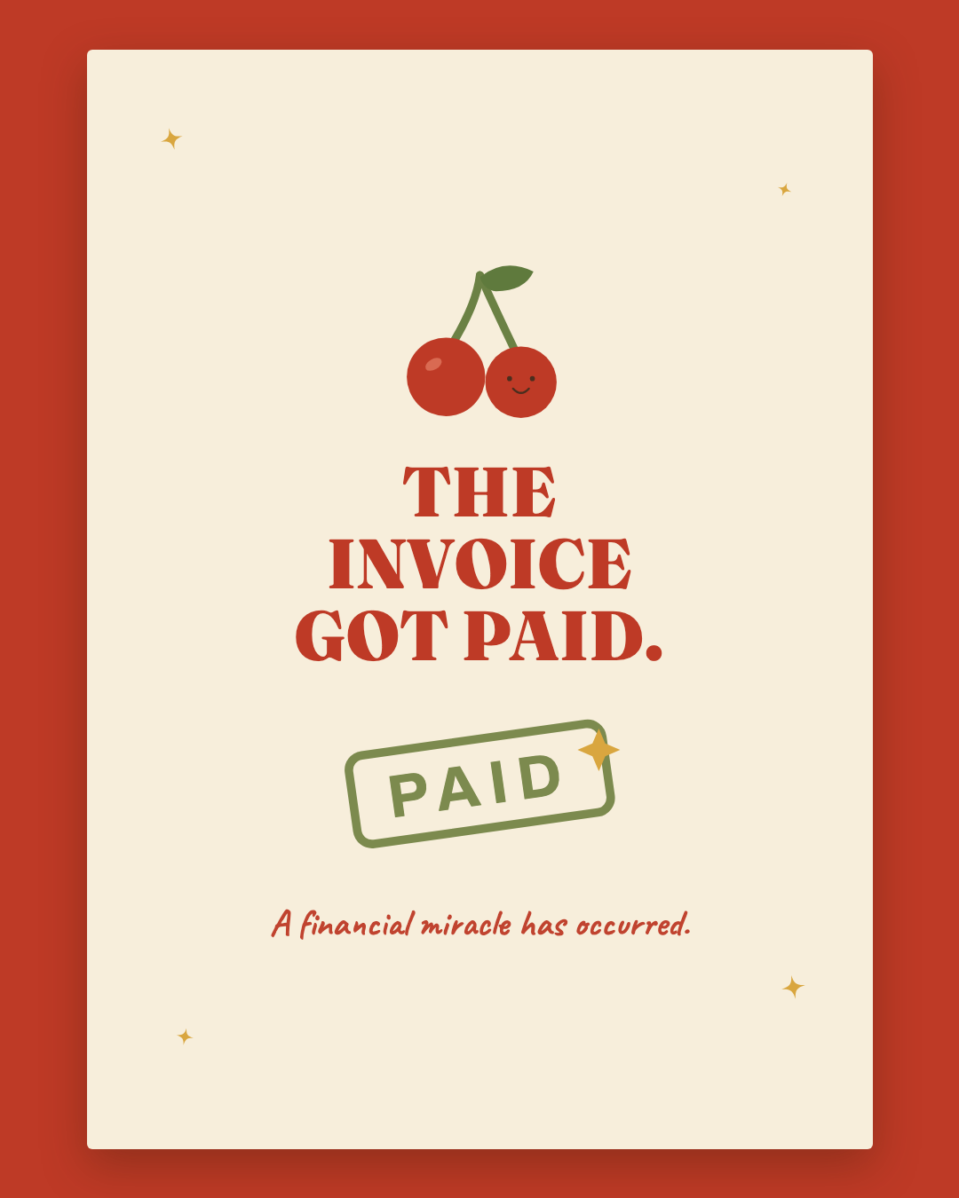 The Invoice Got Paid greeting card — retro cream card with cherry red lettering, smiling cherries and a PAID stamp