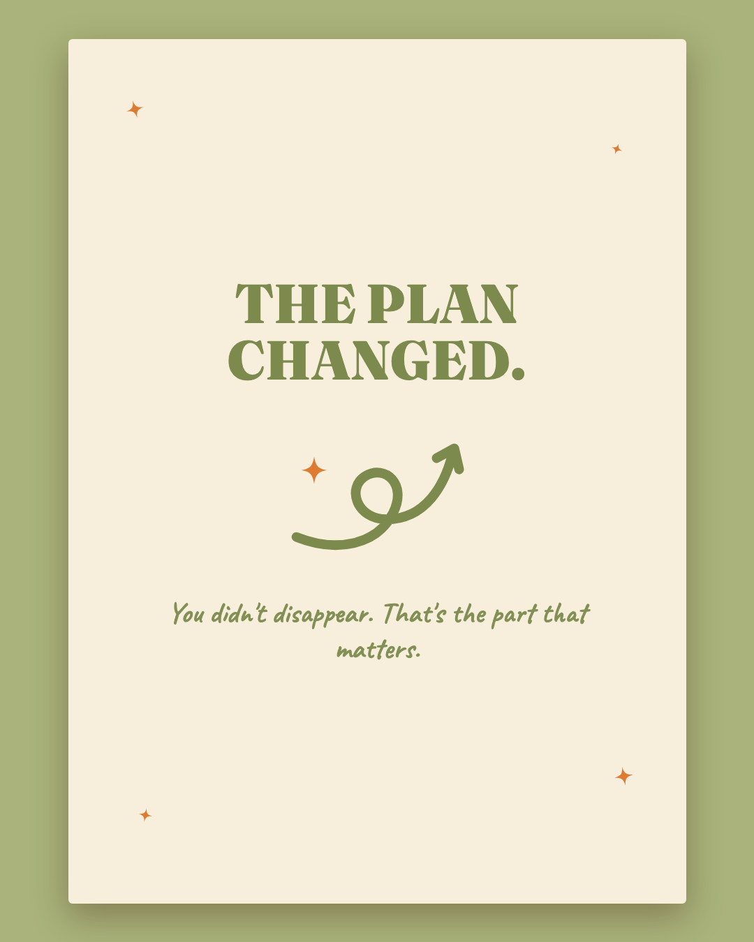 The Plan Changed greeting card — cream card with sage lettering and a hand-drawn looping arrow