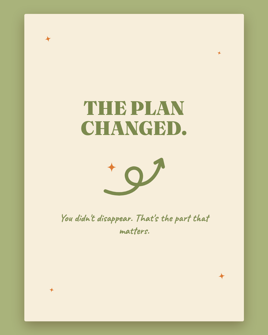 The Plan Changed greeting card — cream card with sage lettering and a hand-drawn looping arrow