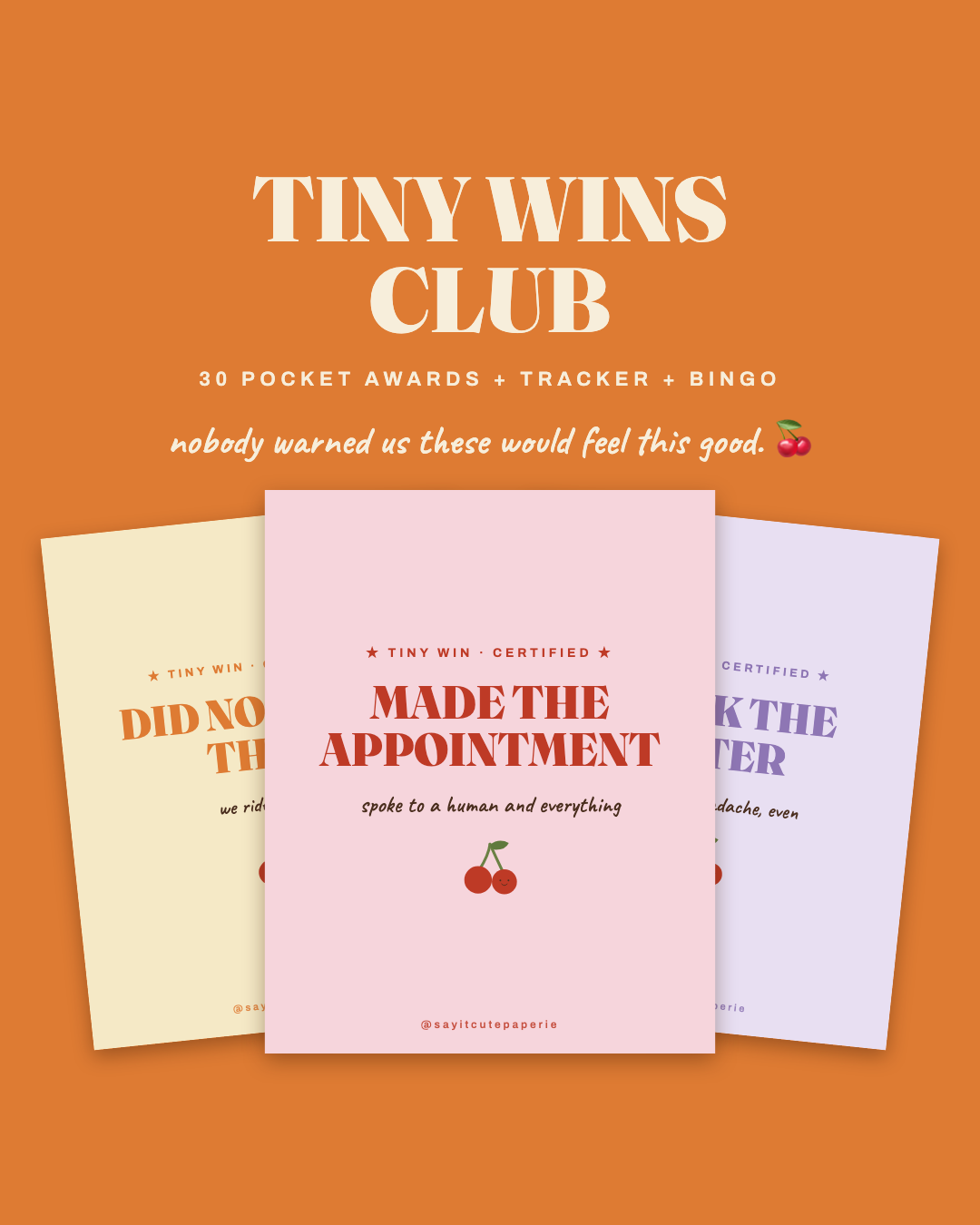 Tiny Wins Club — 30 pocket award cards fanned on apricot orange