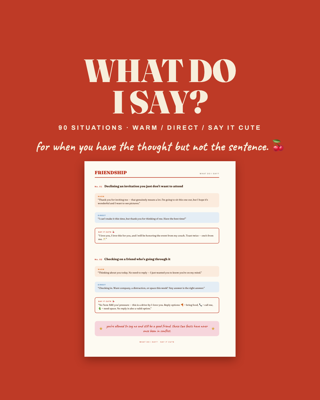 What Do I Say — 90 conversation scripts, sample friendship page on cherry red