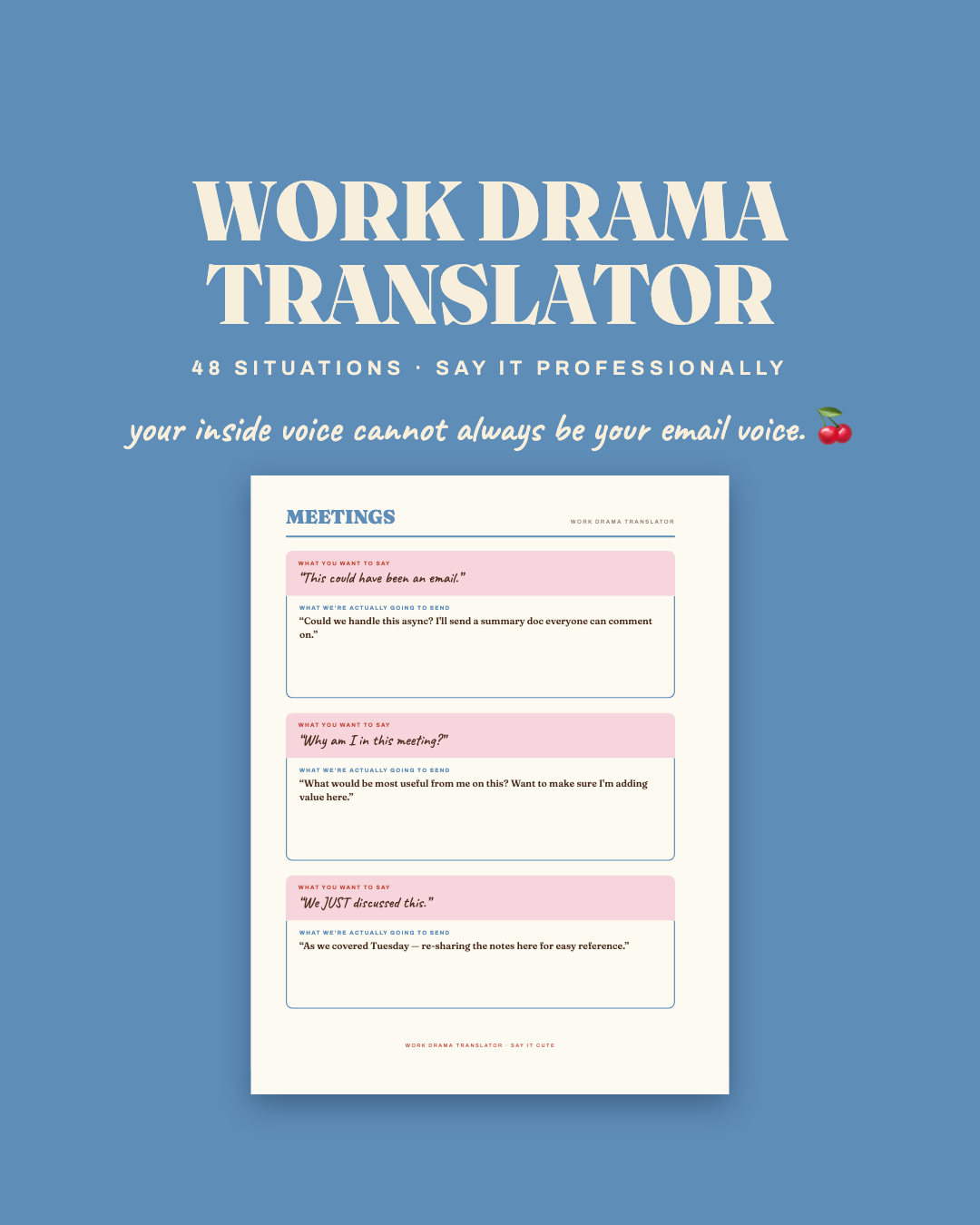 Work Drama Translator — 48 professional scripts, sample page on powder blue