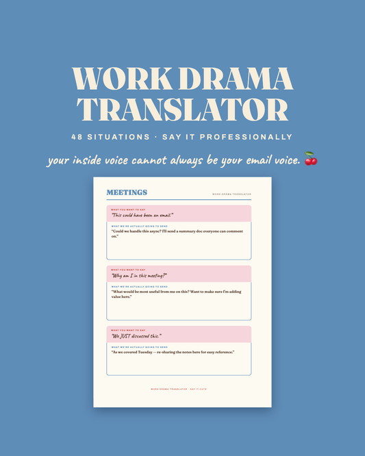 Work Drama Translator — 48 professional scripts, sample page on powder blue