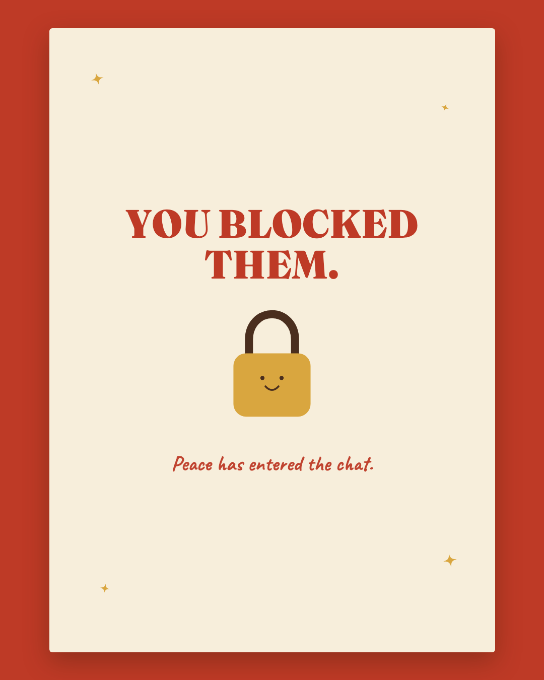 You Blocked Them greeting card — cream card with cherry red lettering and a smiling gold padlock