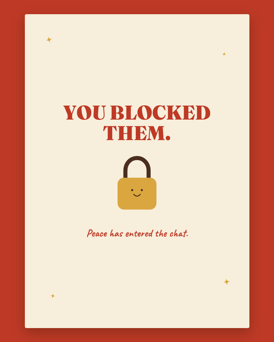 You Blocked Them greeting card — cream card with cherry red lettering and a smiling gold padlock
