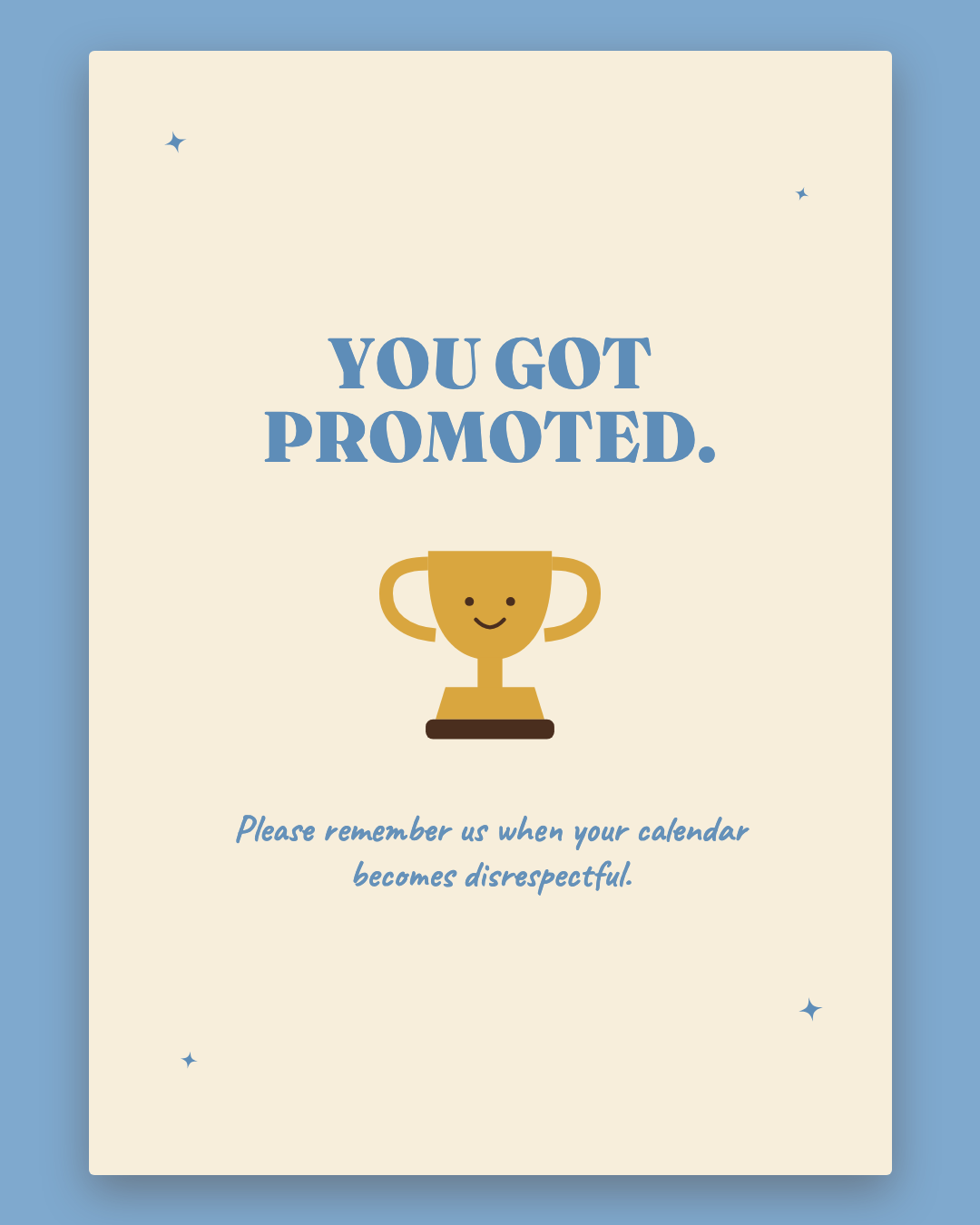 You Got Promoted greeting card — retro cream card with powder blue lettering and a gold smiley trophy