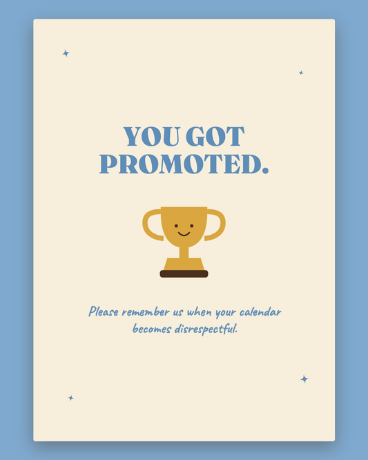 You Got Promoted greeting card — retro cream card with powder blue lettering and a gold smiley trophy