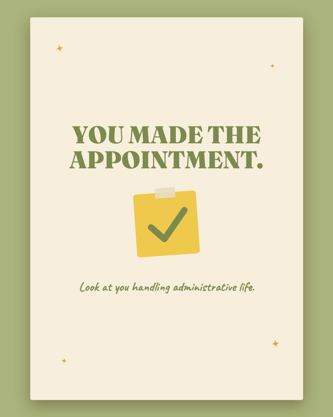 You Made The Appointment greeting card — cream card with sage lettering and a sticky note checkmark