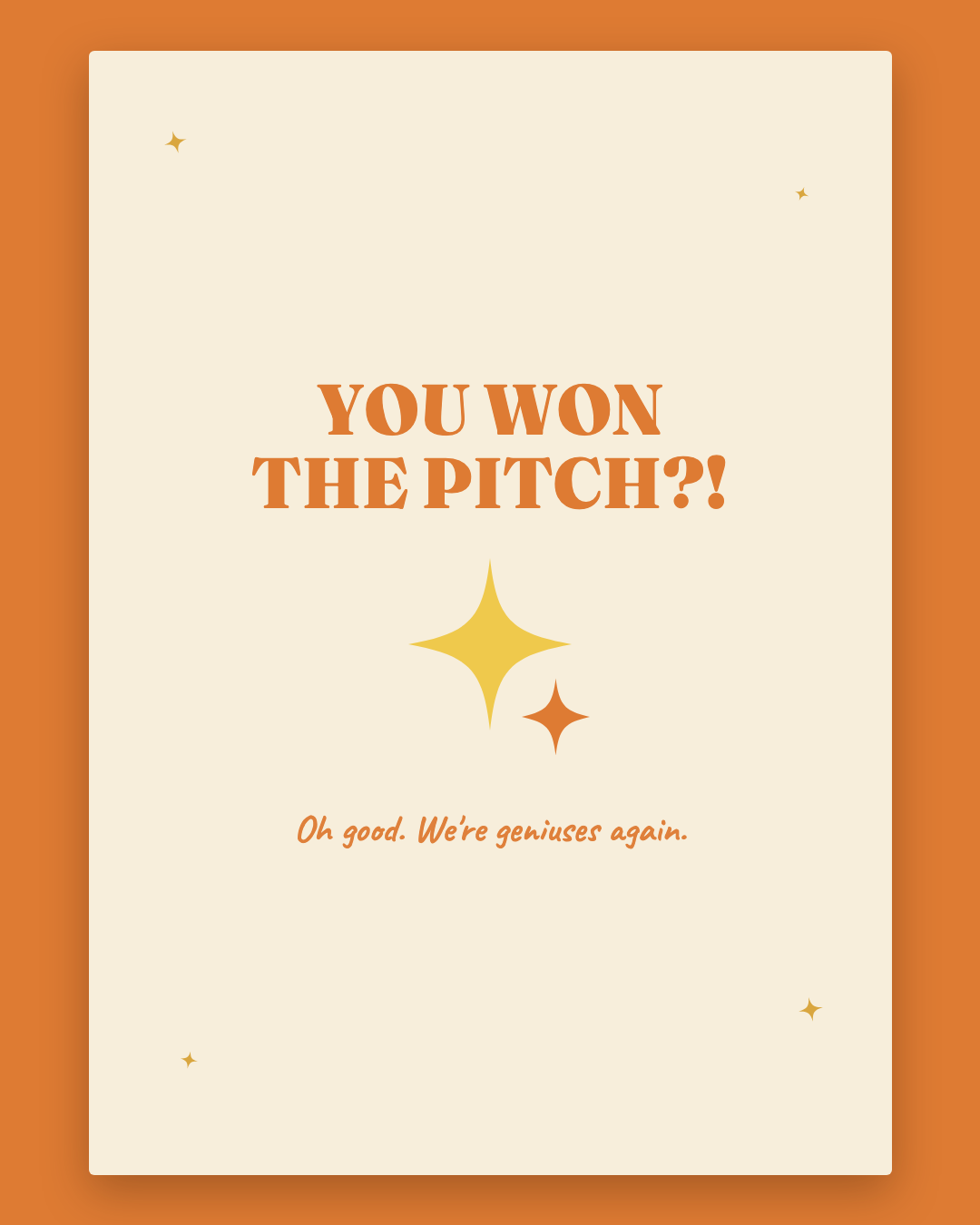 You Won The Pitch greeting card — retro cream card with apricot lettering and gold sparkles